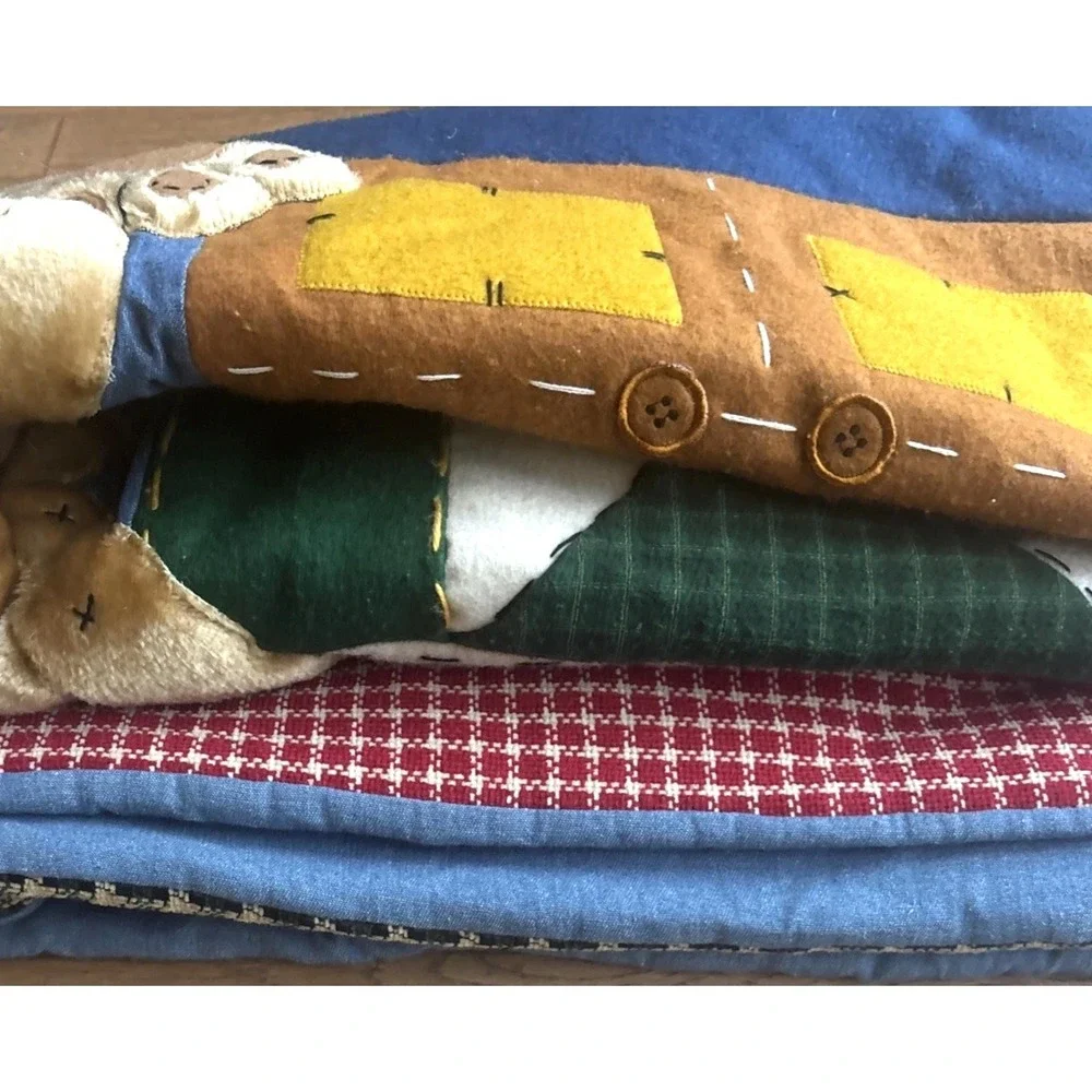 Vtg 90s Teddy Bear 3D Plush Blanket & Pillow Set Patchwork Nursery Cottagecore